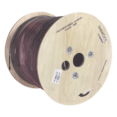 Carrete de 2 km de Fibra Óptica Aérea Mini Figura 8 G.657A1 tipo Drop, Monomodo de 2 Hilos (bifibra), Diseñada para Fusi