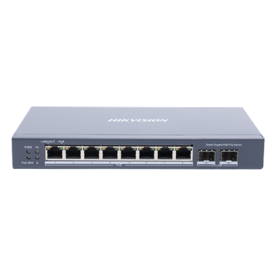 Switch Gigabit PoE+ / Administrable / 8 puertos 10/100/1000 Mbps PoE+ / 2 puertos SFP / configuración remota desde Hik-P