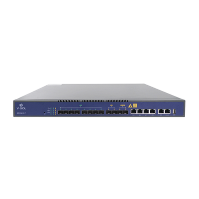 OLT de 8 puertos GPON con 8 puertos Uplink (4 puertos Gigabit Ethernet + 2 puertos SFP + 2 puertos SFP+), hasta 1024 ONU