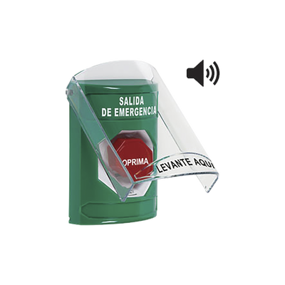 Botón de Salida de Emergencia en Español con Tapa Protectora de Policarbonato Súper Resistente, Acción Mantenida, Girar