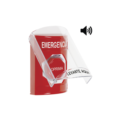Botón de Emergencia en Español con Tapa Protectora de Policarbonato Súper Resistente, Acción Mantenida, Girar para Resta