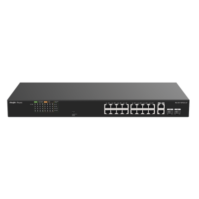 Switch PoE no administrable de 16 puertos 10/100 Mbps con 2 puertos Gigabit, visible en Ruijie Cloud, con un diseño de a