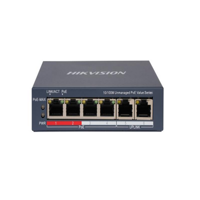 Switch PoE+ / No Administrable / 4 Puertos 10/100 Mbps PoE+ (hasta 300 m) + 2 Puertos 10/100 Mbps Uplink / 35 W