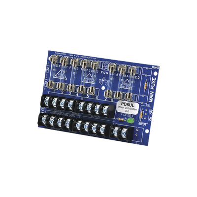 Tablero distribuidor de voltaje, 8 salidas con fusible de protección. Para uso con Fuentes de poder ALTRONIX.