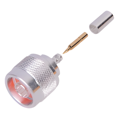 Conector N Macho de Anillo Plegable para Cable RG-58/U, Plata/ Oro/ Teflón.