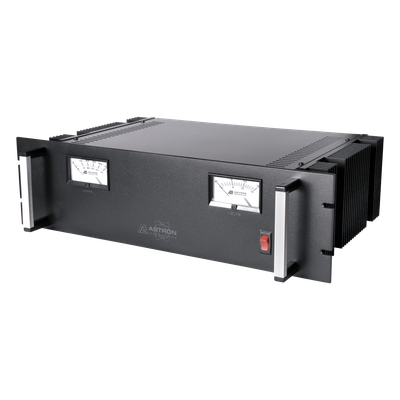 Fuente de poder 13.8Vcd, 50A, lineal regulada con circuito cargador de baterías, medidores, para instalación en rack