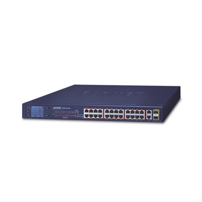 Switch No Administrable de 24 Puertos PoE 10/100TX 802.3af/at, 2 Combo TP/SFP Gigabit y Pantalla LCD para Monitoreo y Co