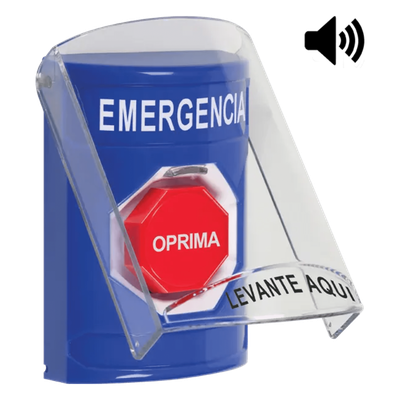 Botón de Emergencia en Español con Tapa Protectora de Policarbonato Súper Resistente, Restablecimiento con Llave y Siren